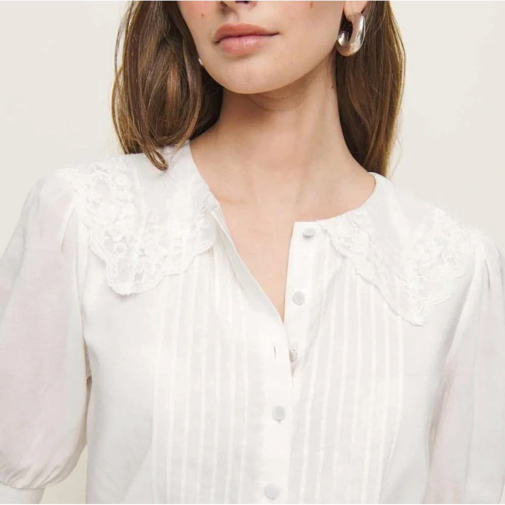 Reformation Kairos Lace Trim Dress Size 12 Collar Pintuck Cottagecore Coquette - Picture 3 of 14